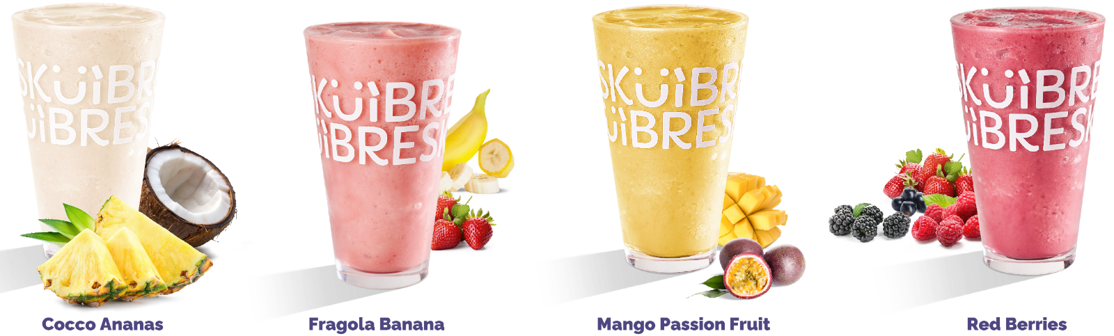 Smoothie BRESKÌ: Cocco Ananas, Fragola Banana, Mango Passion Fruit, Red Berries